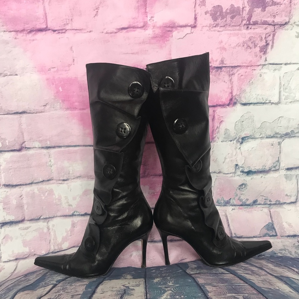 Andrew Stevens leather Boots Made in ITALY Romantic Ruffle Edge side Buttons - Picture 3 of 5